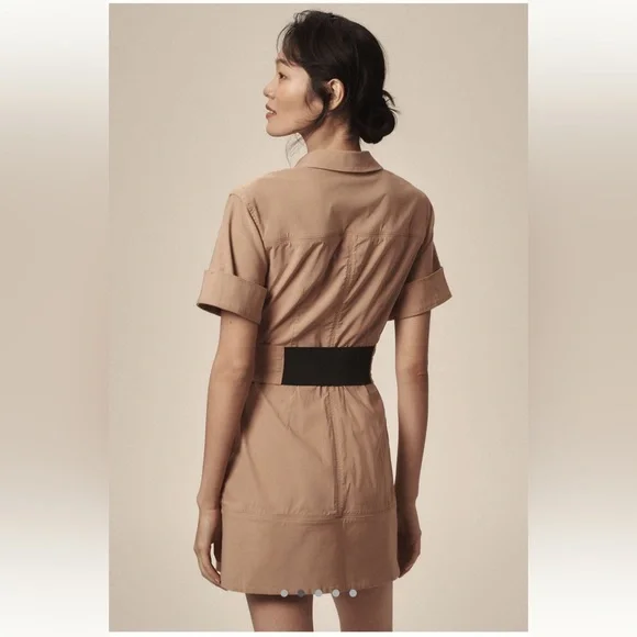 Anthropologie Maeve Tan Utility Shirt Dress Large NWT Zip Front Pockets - Picture 3 of 9